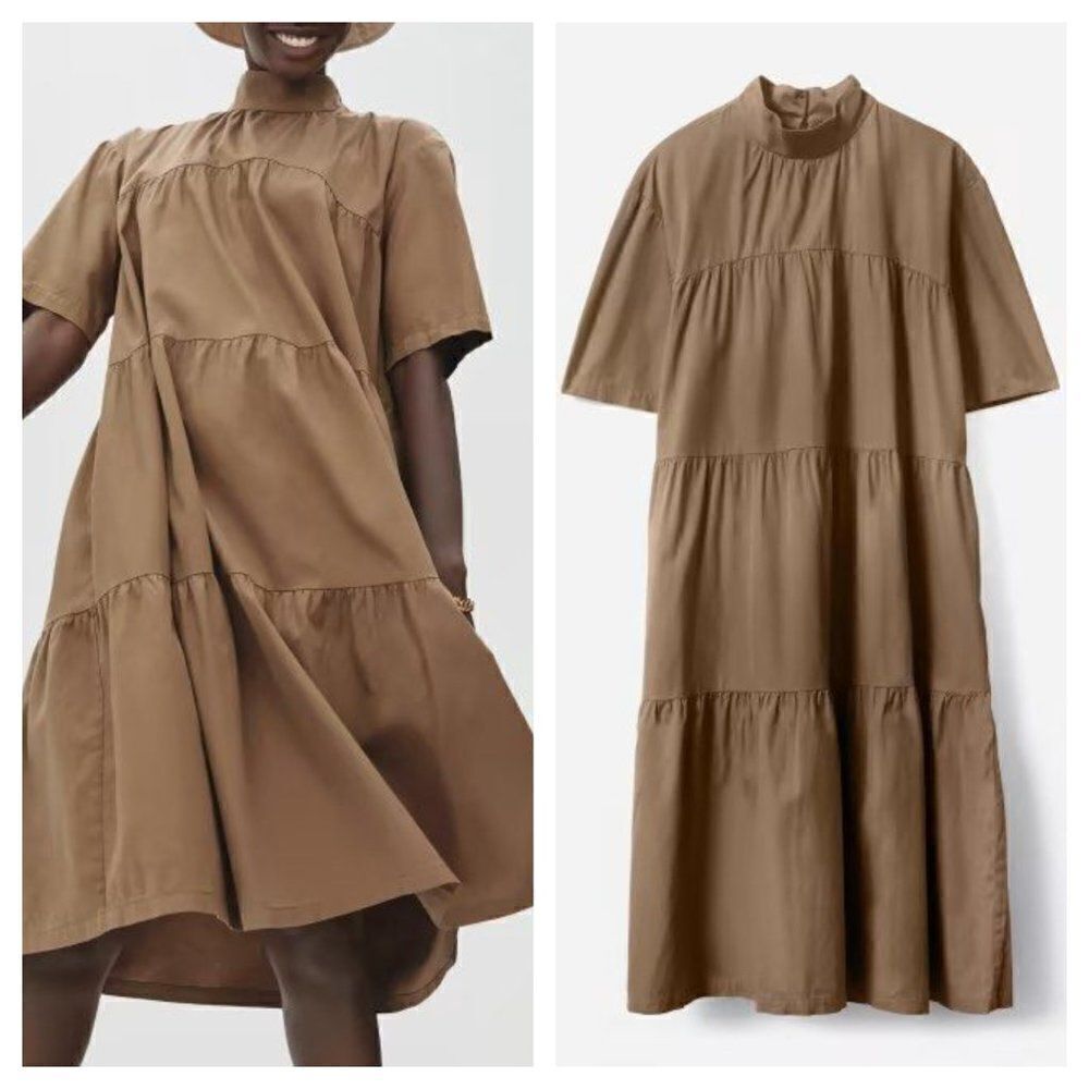 Everlane The Tiered Midi Dress Cotton Mock Neck Short Sleeve Tan XS